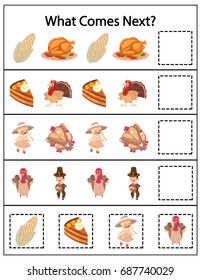 What Comes Next Kindergarten Worksheet. Kids Printable Game. Funny Thanksgiving Kids Game. Vector Illustration.