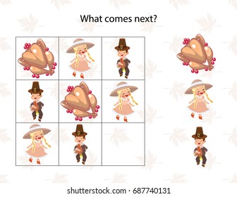 What comes next Kindergarten worksheet. Kids printable game. Funny thanksgiving kids game. Vector Illustration.