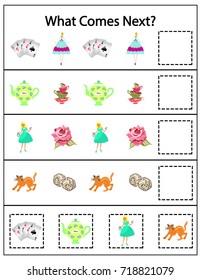 What comes next Kindergarten worksheet. Kids printable game. Vector Illustration.