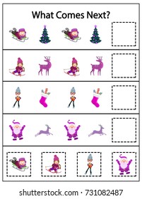 What comes next Kindergarten worksheet. Kids printable game. Funny Christmas kids game. Vector Illustration.
