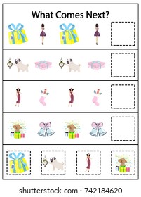 What comes next Kindergarten worksheet. Kids printable game. Funny New Year kids game. Vector Illustration.