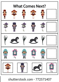 What comes next Kindergarten worksheet. Kids printable game. Funny Nutcracker kids game. Vector Illustration.