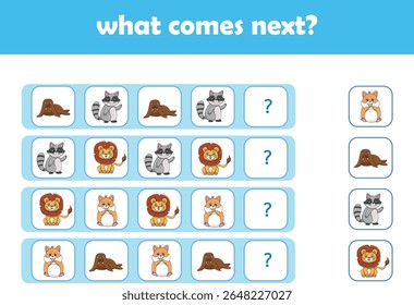 What comes next. Logical activity for preschool children with cute wild animals. Vector Illustration