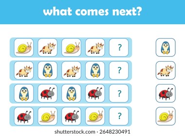 What comes next. Logical activity for preschool children with cute wild animals. Vector Illustration