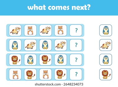 What comes next. Logical activity for preschool children with cute wild animals. Vector Illustration