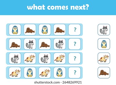 What comes next. Logical activity for preschool children with cute wild animals. Vector Illustration