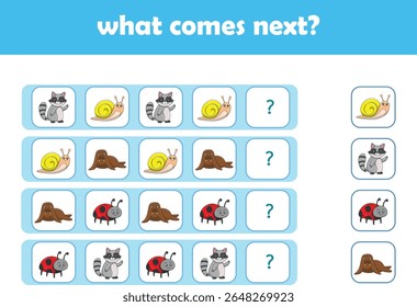 What comes next. Logical activity for preschool children with cute wild animals. Vector Illustration