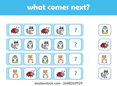 What comes next. Logical activity for preschool children with cute wild animals. Vector Illustration