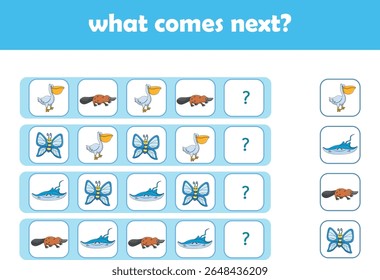 What comes next. Logical activity for preschool children with cute wild animals. Vector Illustration