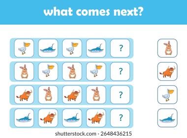 What comes next. Logical activity for preschool children with cute wild animals. Vector Illustration