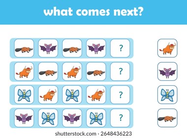 What comes next. Logical activity for preschool children with cute wild animals. Vector Illustration