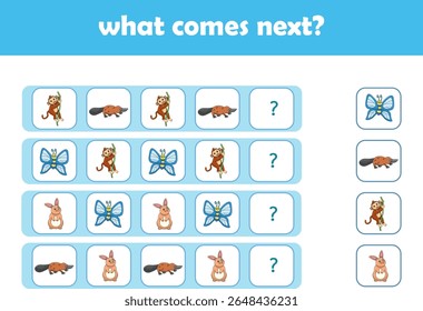 What comes next. Logical activity for preschool children with cute wild animals. Vector Illustration
