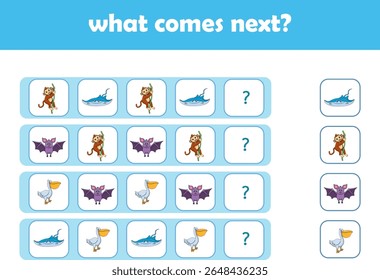 What comes next. Logical activity for preschool children with cute wild animals. Vector Illustration