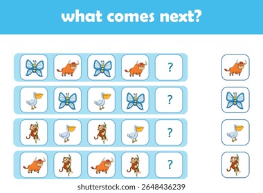 What comes next. Logical activity for preschool children with cute wild animals. Vector Illustration