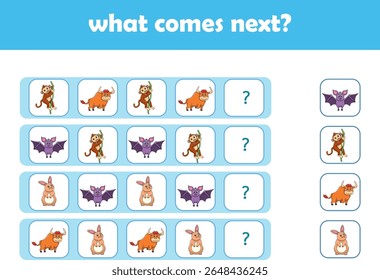 What comes next. Logical activity for preschool children with cute wild animals. Vector Illustration