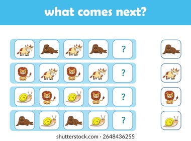 What comes next. Logical activity for preschool children with cute wild animals. Vector Illustration