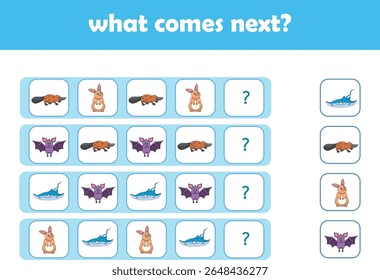 What comes next. Logical activity for preschool children with cute wild animals. Vector Illustration