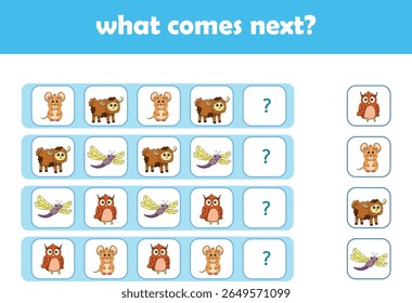 What comes next. Logical activity for preschool children with cute wild animals. Vector Illustration
