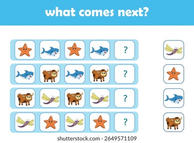 What comes next. Logical activity for preschool children with cute wild animals. Vector Illustration