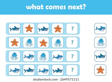 What comes next. Logical activity for preschool children with cute wild animals. Vector Illustration