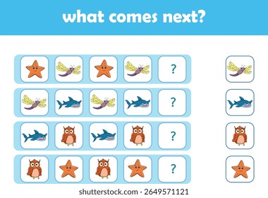 What comes next. Logical activity for preschool children with cute wild animals. Vector Illustration
