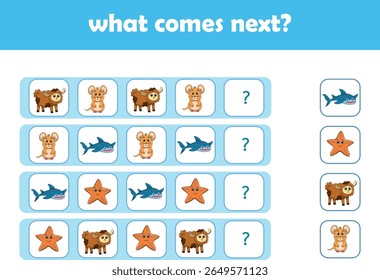 What comes next. Logical activity for preschool children with cute wild animals. Vector Illustration