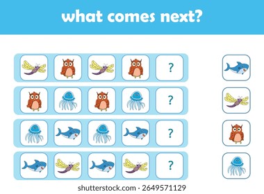 What comes next. Logical activity for preschool children with cute wild animals. Vector Illustration