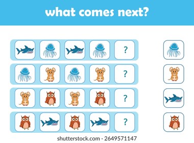 What comes next. Logical activity for preschool children with cute wild animals. Vector Illustration