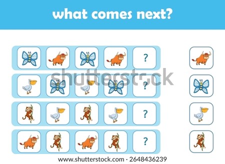 What comes next. Logical activity for preschool children with cute wild animals. Vector Illustration