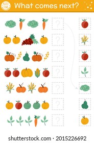 What comes next. Matching activity for preschool children with autumn fruit and vegetables. Funny fall puzzle. Logical worksheet with harvest. Thanksgiving continue the row game.
