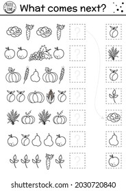 What comes next. Matching black and white activity for kids with autumn fruit and vegetables. Line fall puzzle. Logical worksheet with harvest. Thanksgiving continue the row game.
