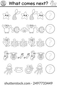 What comes next. Mermaid black and white logical activity or coloring page with sea princess tail, crab, fish. Ocean kingdom logic succession worksheet. Marine continue the row line game