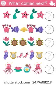 What comes next. Mermaid logical activity for preschool children with sea princess tail, crab, fish, animals. Fairytale ocean kingdom logic succession worksheet. Marine continue the row game
