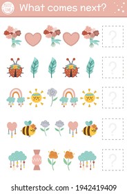 What comes next. Mothers day matching activity for preschool children with traditional holiday symbols and animals. Funny educational puzzle. Logical worksheet. Continue the row game.

