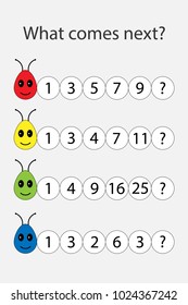 What comes next with numbers for children, fun education game for kids, preschool worksheet activity, task for the development of logical thinking, vector illustration