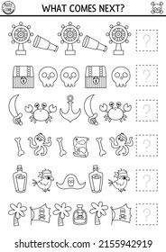 What comes next. Pirate black and white matching activity for preschool children with traditional treasure island symbols. Sea adventures logical worksheet. Continue the row coloring page
