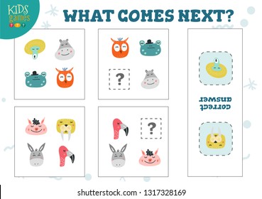 What comes next  preschool kids game vector illustration. Logic quiz activity with cute cartoon owl, flamingo, monkey 