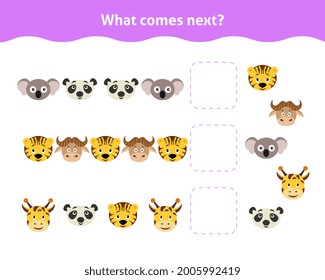 Lo que viene después. Hoja de trabajo para guarderías y preescolares. Juego educativo para niños con caras animales. Página de actividad infantil. 