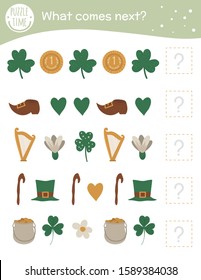 What Comes Next. Saint Patrick’s Day Matching Activity For Preschool Children With Holiday Symbols. Funny Spring Game For Kids. Logical Quiz Worksheet. Continue The Row