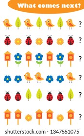 What comes next with spring pictures for children, fun education game for kids, preschool worksheet activity, task for the development of logical thinking, vector illustration