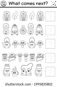 What comes next. Summer camp black and white matching activity with kawaii camping equipment. Funny outline puzzle. Logical worksheet. Continue the row game or coloring page.
