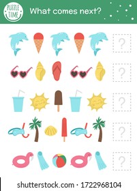 What comes next. Summer matching activity for preschool children with beach objects. Funny sea vacation puzzle for kids. Logical quiz worksheet. Continue the row. Simple game for kids