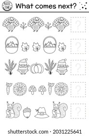 What comes next. Thanksgiving black and white matching activity for preschool children with traditional holiday symbols. Line autumn puzzle. Fall worksheet. Continue the row game or coloring page
