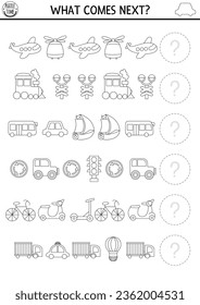 What comes next. Transportation black and white matching activity with plane, car, scooter, train, boat, bus. Air, water, land transport logical worksheet or coloring page. Continue the row game
