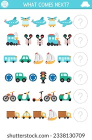 What comes next. Transportation matching activity for preschool children with plane, car, scooter, train, boat, bus. Air, water, land transport logical worksheet. Continue the row game
