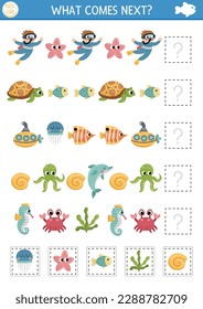 What comes next. Under the sea matching activity for preschool children with traditional ocean life symbols and characters. Water adventures logical worksheet. Continue the row game
