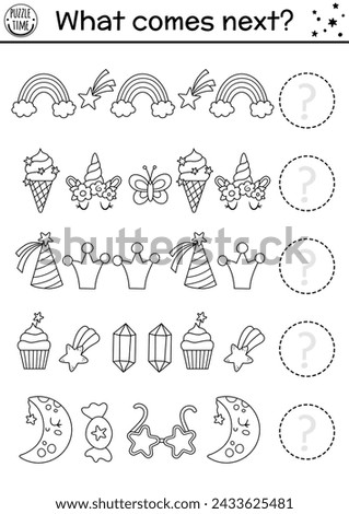 What comes next. Unicorn black and white matching activity for preschool children. Funny fantasy world puzzle. Magical logical worksheet. Continue the row game or coloring page with rainbow, star
