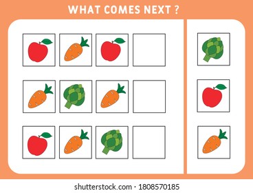 Lo que viene después. Ilustración vectorial de verduras y frutas. Juego de lógica educativa para niños. Continuar la secuencia. Actividad para preescolares.