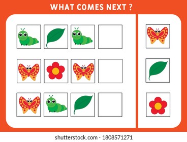 What comes next. Vector illustration. Educational logic game for children. Continue the sequence. Activity page for preschoolers.