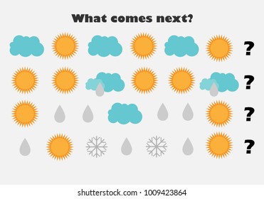 What comes next with weather pictures (cloud,sun,snow,rain) for children, fun education game for kids, preschool worksheet activity, task for the development of logical thinking, vector illustration
